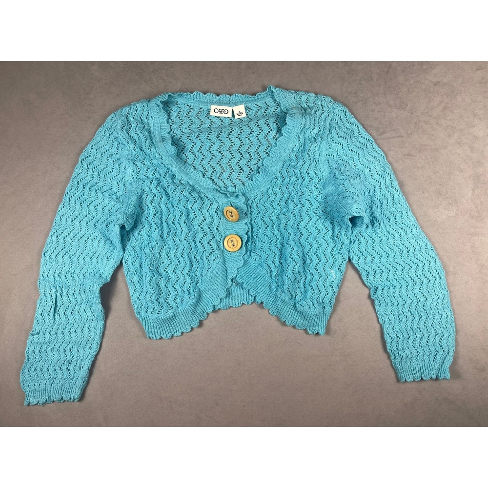 Cato Womens‎ Turquoise Blue Pointelle Knit Cropped Cardigan Button Front Small